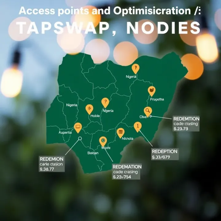 Graphic depicting a map of Nigeria highlighting key locations for accessing Tapswap codes with icons indicating redemption and optimisation tips