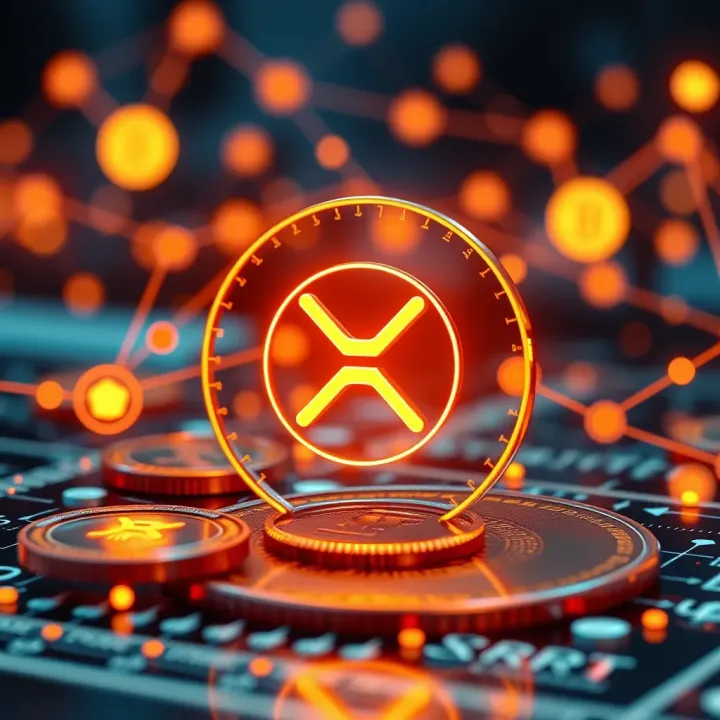 Conceptual graphic of cryptocurrency network with XRP symbol and regulatory icons
