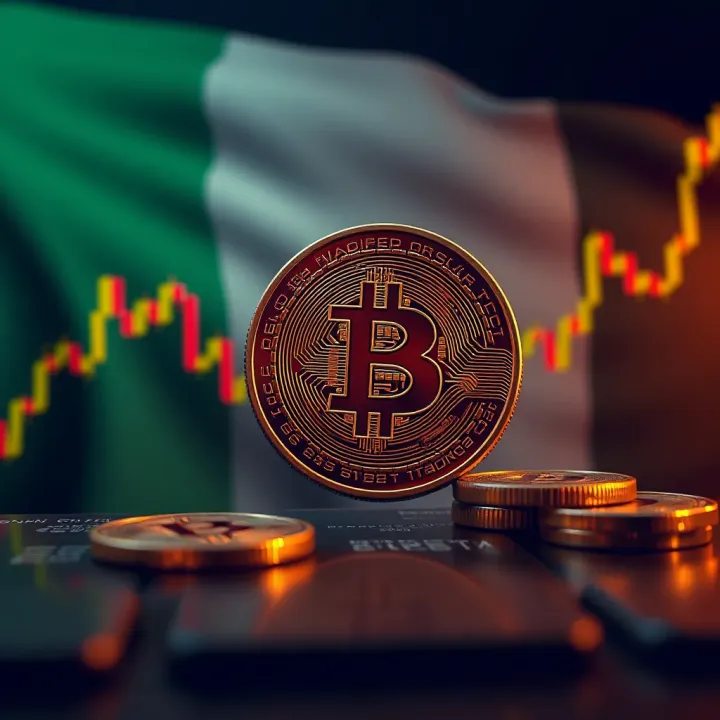 Digital representation of fluctuating cryptocurrency market graphs with a Nigerian flag background