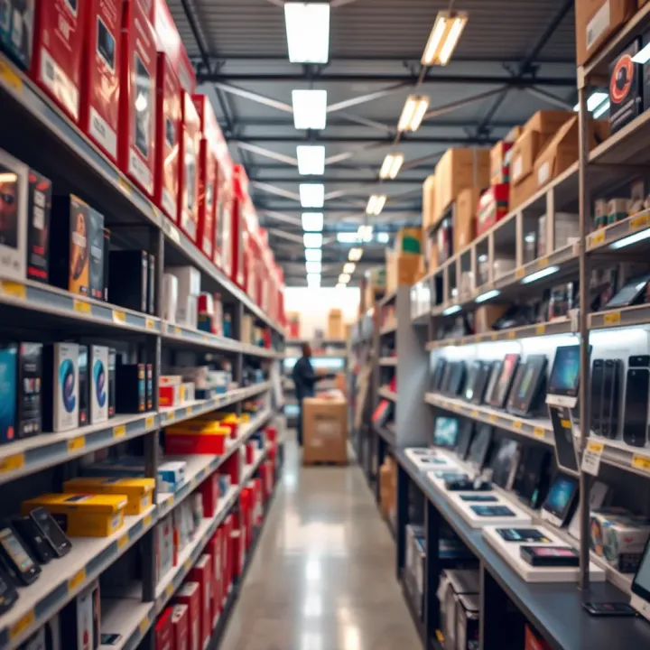 CWG Markets distribution center showcasing shelves stocked with electronic products and mobile devices