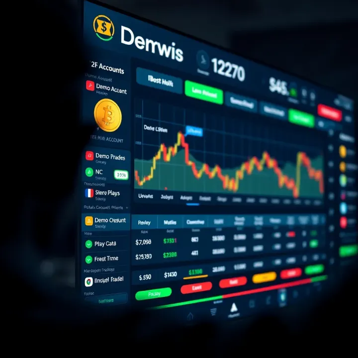 User interface of a trading platform showing demo account dashboard with virtual currency balances and trading options