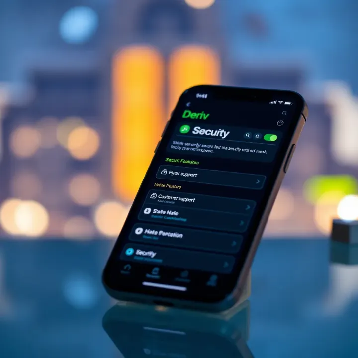 Mobile phone displaying security features and customer support options within the Deriv app