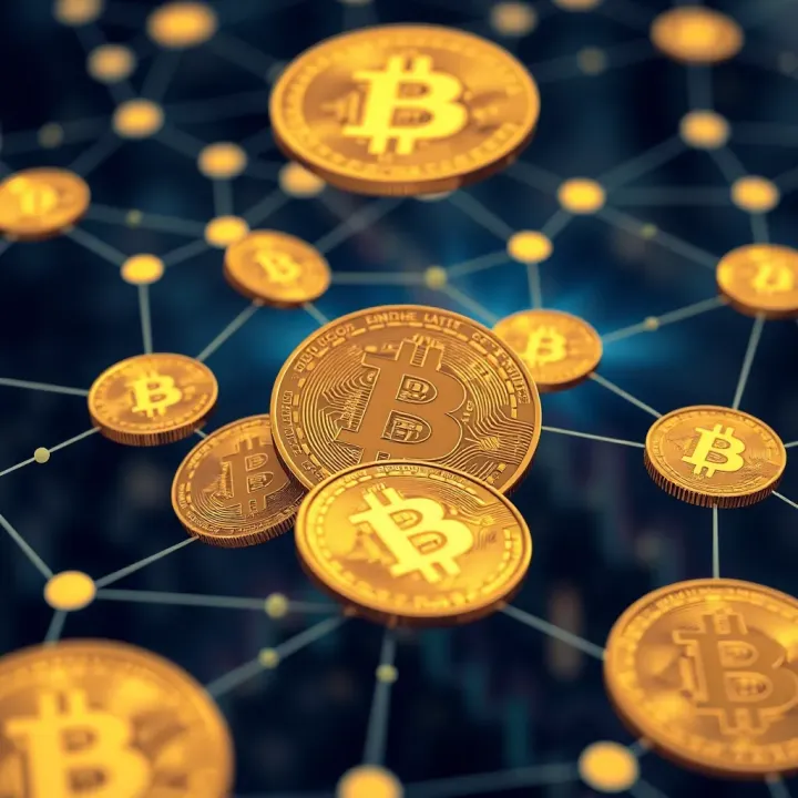 Illustration of digital currency symbols and blockchain network representing innovation in cryptocurrency