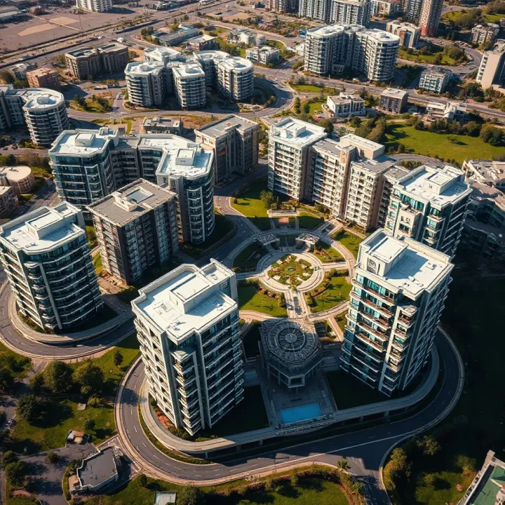 Aerial view of a modern urban development project with multiple buildings and green spaces