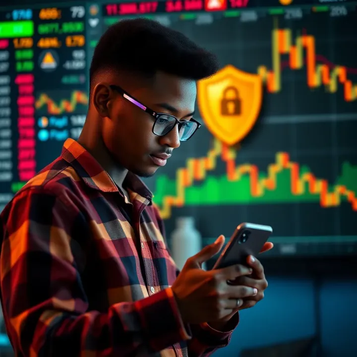 Student using a smartphone with digital financial charts and secure payment symbols in the background