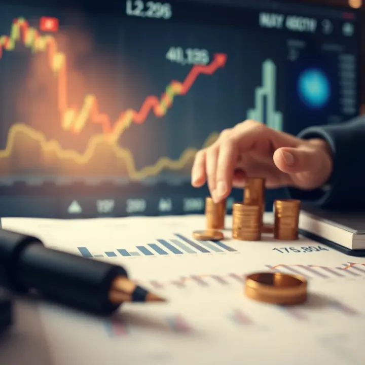 Conceptual graphic depicting financial growth and risk assessment with charts and technology icons