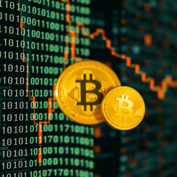 Abstract representation of binary code intertwined with cryptocurrency symbols in a digital matrix