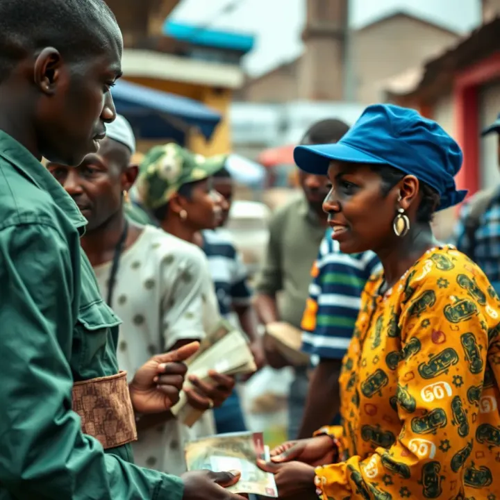 Illustration showing a Nigerian street market scene emphasizing verbal communication over currency exchange