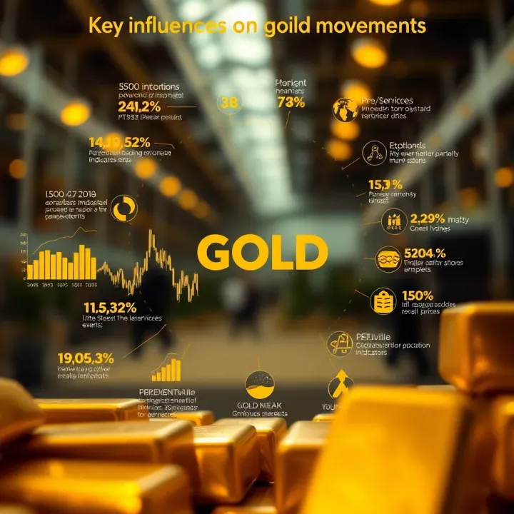 Visual representation of factors influencing gold prices including economic indicators and geopolitical events