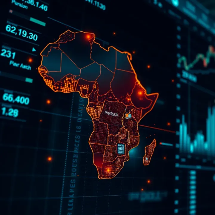 Illustration of a digital map of Africa highlighting financial inclusion growth through blockchain technology