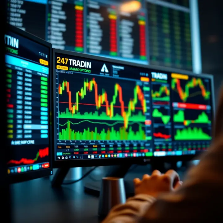 Digital interface displaying binary options trading charts and market data on a computer screen
