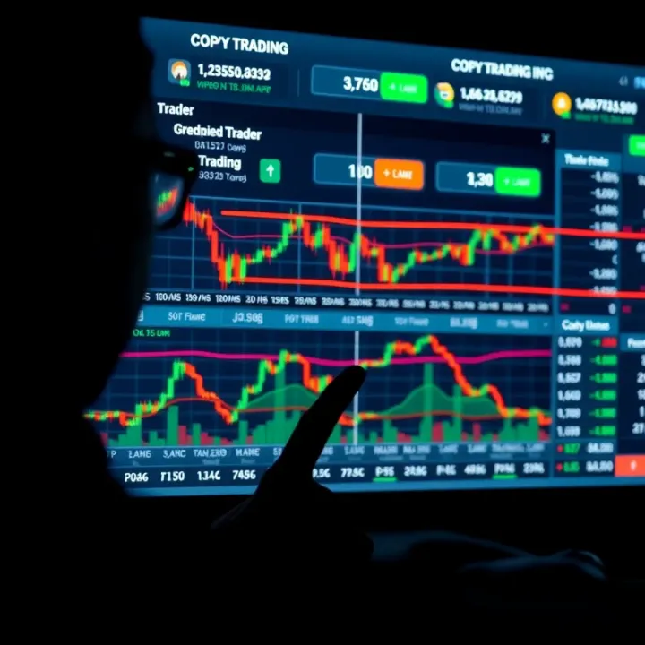 Digital interface showing financial charts and a user selecting a trader to copy