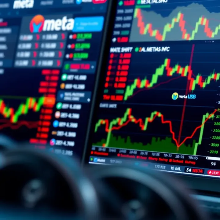 Illustration showing a digital stock trading platform displaying Meta Platforms Inc. share prices and charts