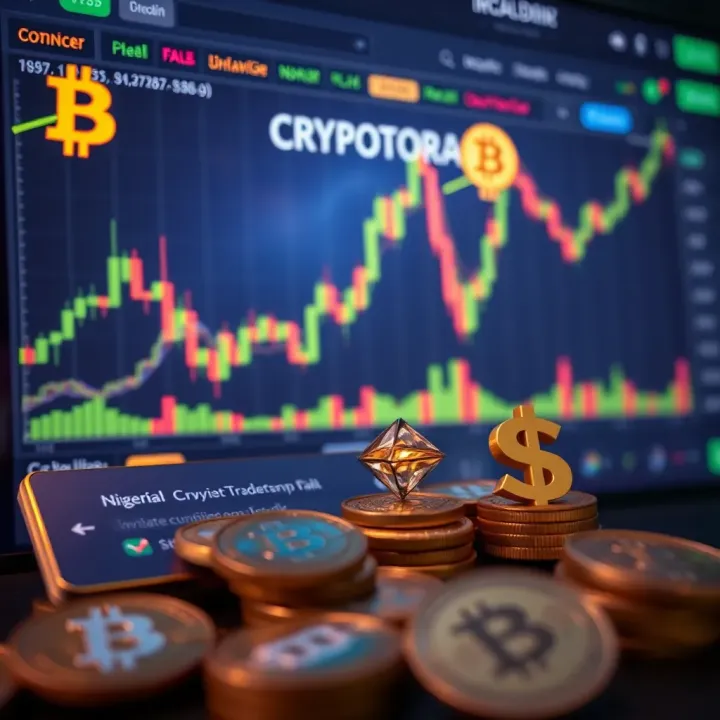 Cryptocurrency Market Overview with Nigerian Currency Symbols Illustration of a digital interface displaying cryptocurrency market charts and Nigerian currency symbols