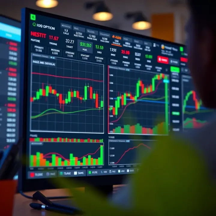 Screenshot of IQ Option trading platform interface showing various financial charts and trading tools
