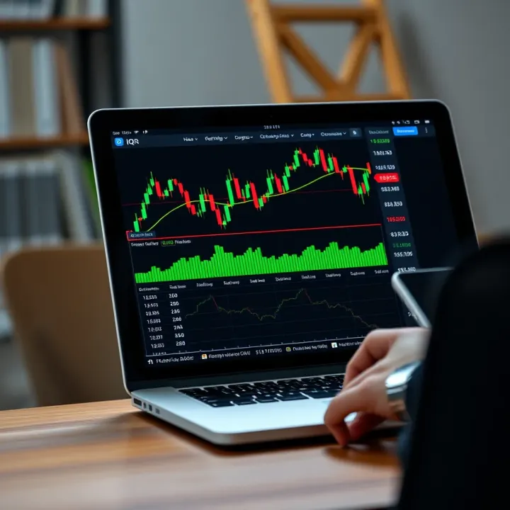 A digital trading platform interface showing candlestick charts and trading options on a laptop screen