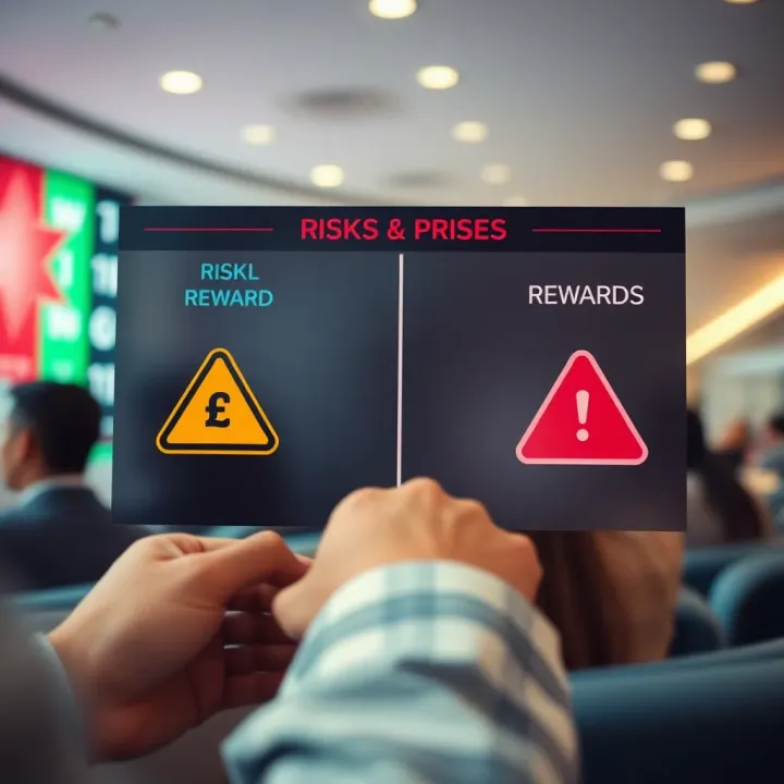 Graphical representation of trading risks and rewards with currency symbols and warning icons