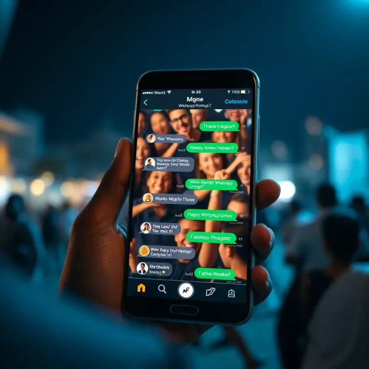 Smartphone screen displaying a vibrant cryptocurrency chat group on WhatsApp with lively exchange of messages and digital coin icons