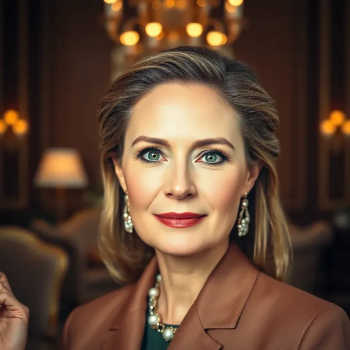 Portrait of Julia Koch in an elegant setting symbolizing wealth and influence