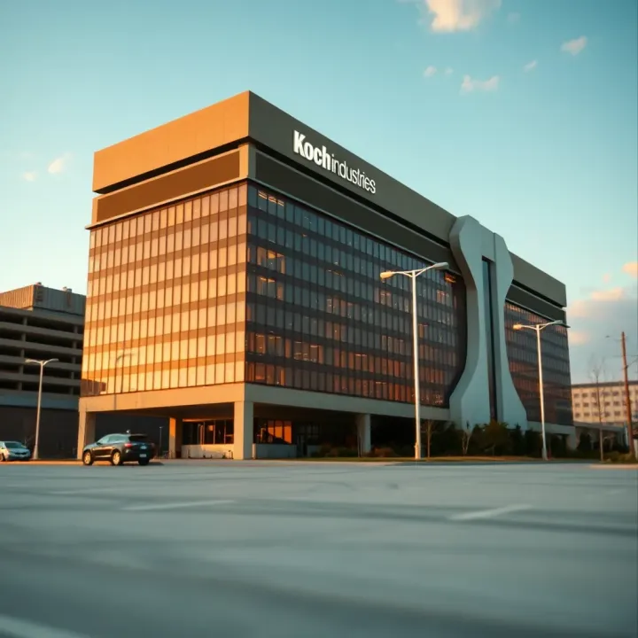 Corporate building representing Koch Industries, highlighting business legacy and industrial success