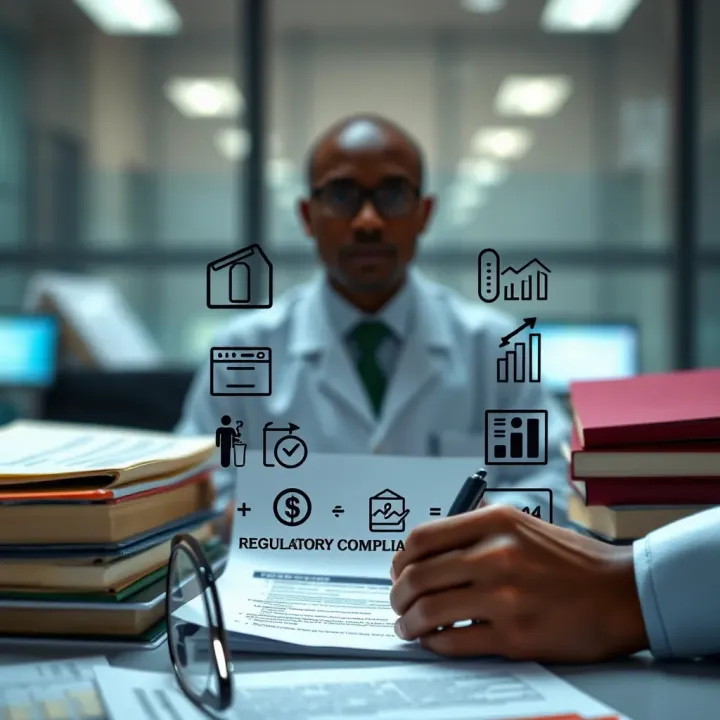 Illustration of regulatory documents and compliance symbols relevant to Nigerian brokerage services