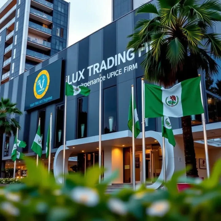 Lux Trading Firm Corporate Offices in Nigeria Lux Trading Firm headquarters showcasing modern office building with Nigerian flags
