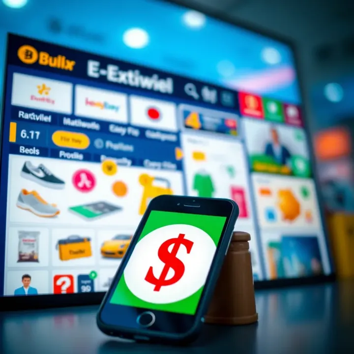 E-commerce Platforms for Sustainable Earnings in Nigeria A vibrant digital marketplace interface showcasing various products and a mobile phone with a Nigerian naira sign