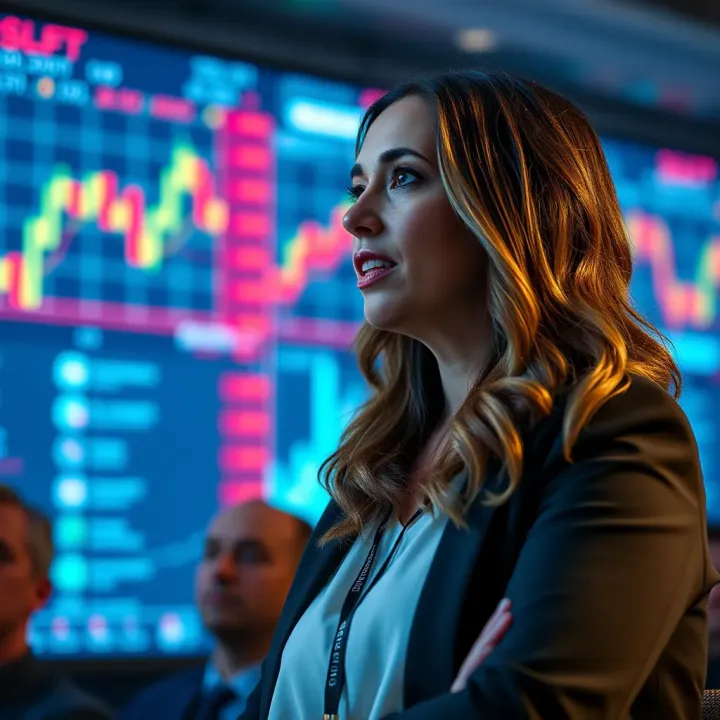 Meltem Demirors speaking at a blockchain conference with digital asset charts in the background