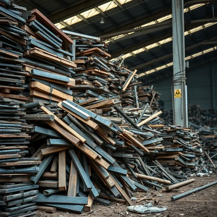 Stacks of various scrap metals including iron and copper ready for trade in a Nigerian warehouse