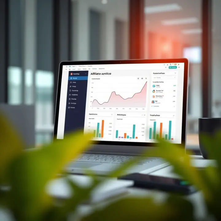 Illustration showing digital marketing tools and analytics dashboard for affiliate promotion