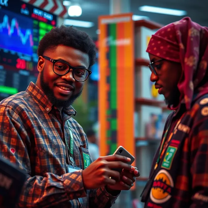 Illustration of Nigerian investors analyzing cryptocurrency data and market indicators