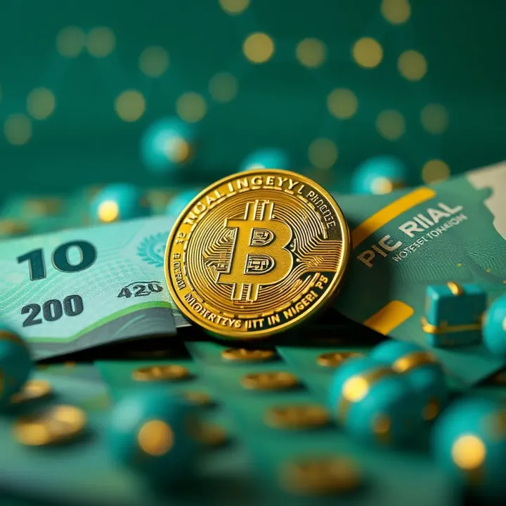 Illustration of Nigerian Naira currency with digital blockchain elements surrounding it
