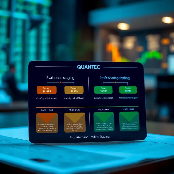 Quantec Evaluation and Profit Sharing Structure Diagram illustrating evaluation stages and profit sharing in proprietary trading