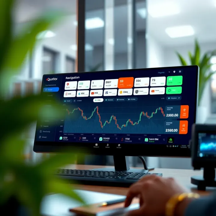 Dashboard view of Quotex trading platform highlighting navigation menu and trading tools