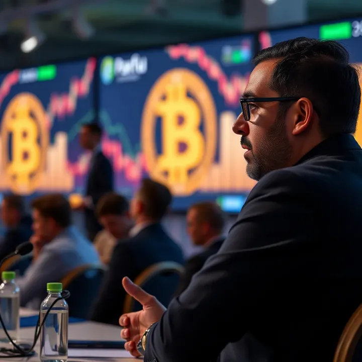 Ray Youssef speaking at a cryptocurrency conference with digital bitcoin graphics in the background