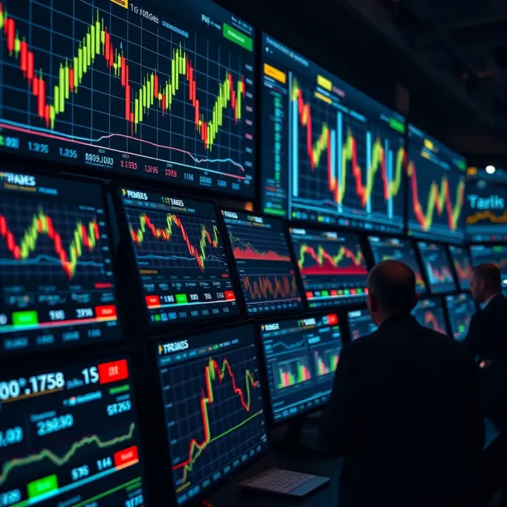 Global currency market trends visualized on multiple digital screens with graph lines and financial data