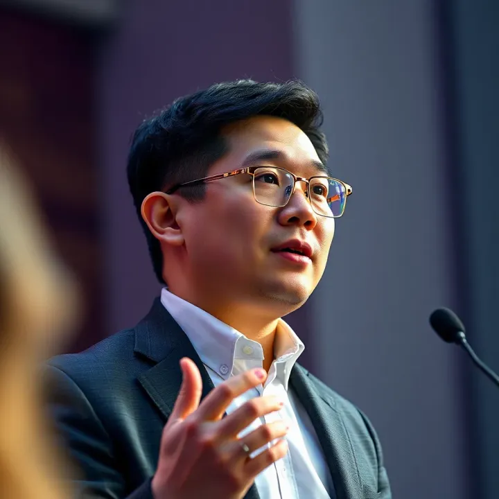 Portrait of Samson Mow delivering a keynote speech on blockchain innovation