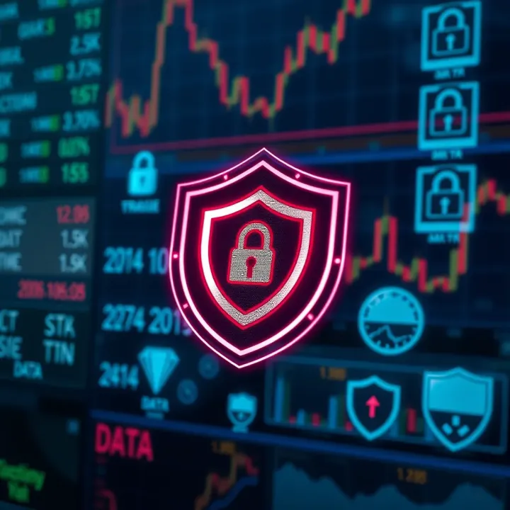 Concept of secure digital trading with shield symbol and locked data icons
