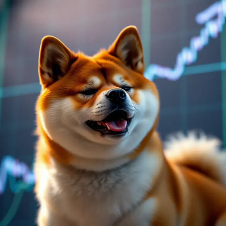Shiba Inu cryptocurrency symbol with upward trending digital graph background