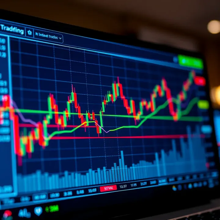 Graphical chart displaying simulated trading activity with indicators and asset price movements on screen