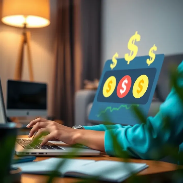 User engaging with online surveys on a laptop with money icons illustrating earnings