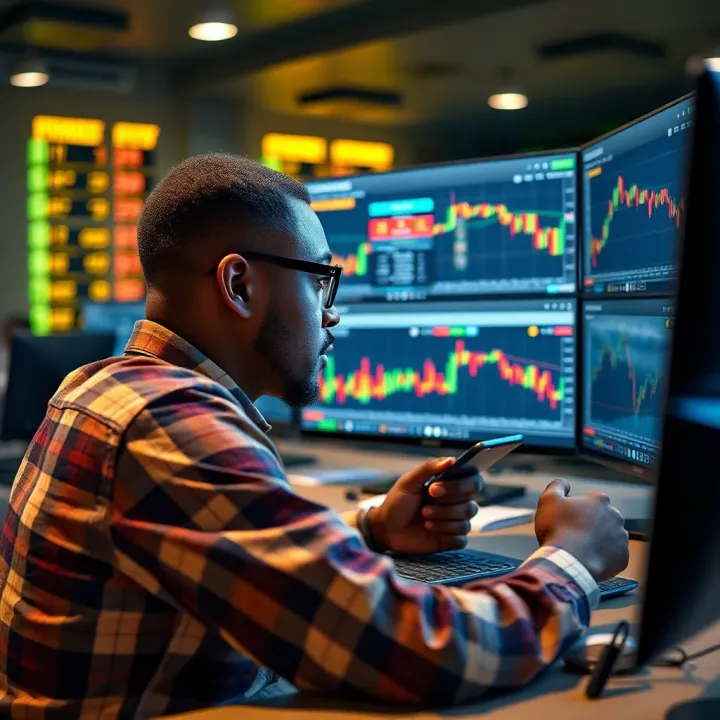 Wealthy Nigerian crypto trader analyzing market trends on multiple digital screens