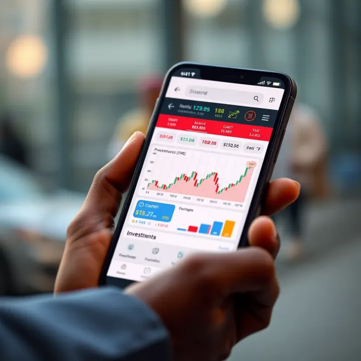 Mobile phone displaying a stock trading app interface with charts and investment options
