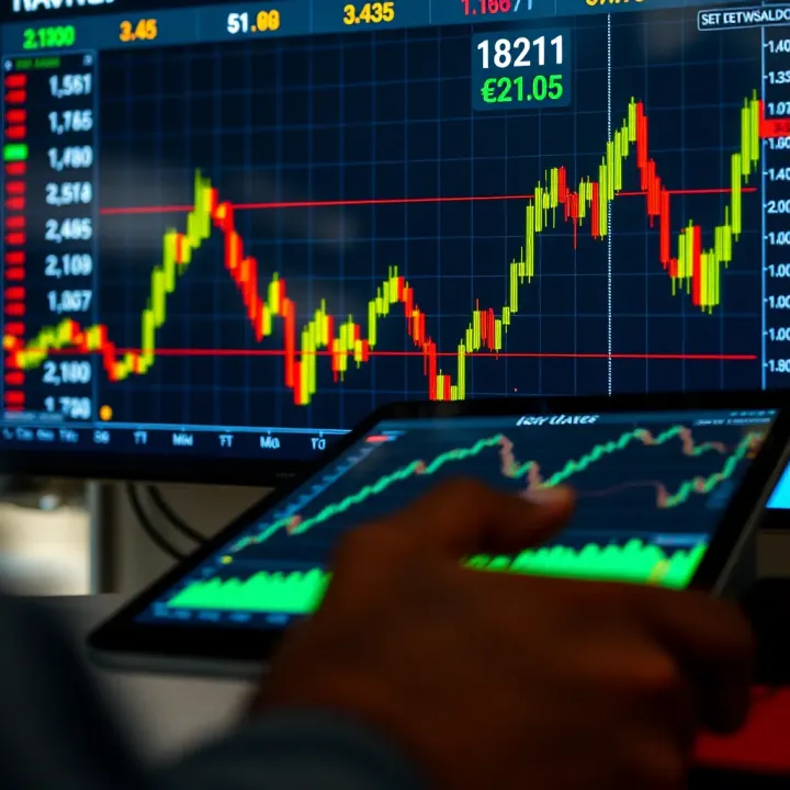 Graph showing fluctuating currency rates with digital devices displaying trading data