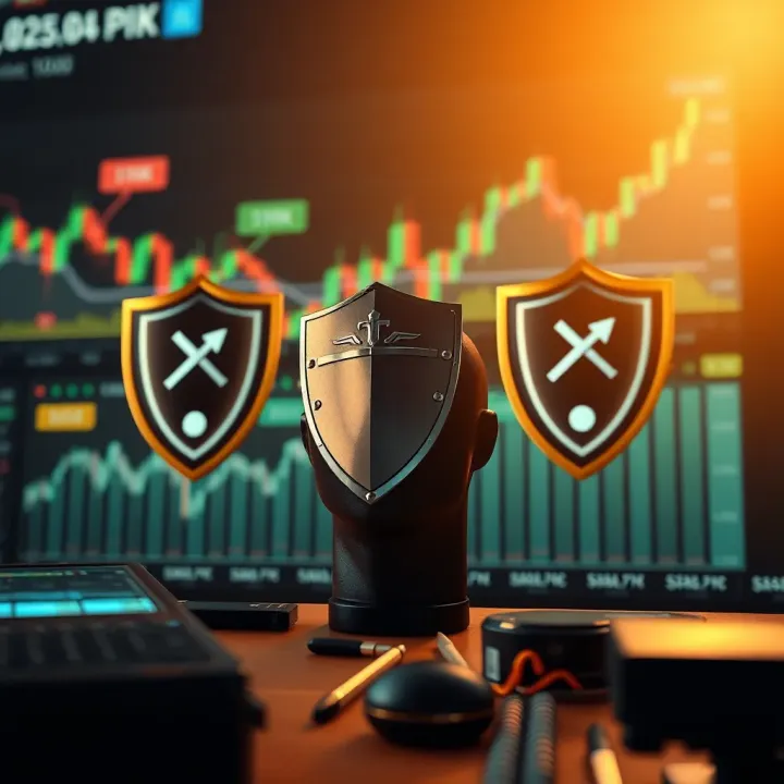 Conceptual illustration of strategic risk management with charts, protective shields, and focused mindset