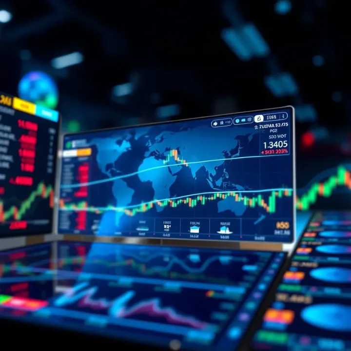 Illustration of global financial markets accessed through a digital trading platform with icons representing forex, commodities, and indices