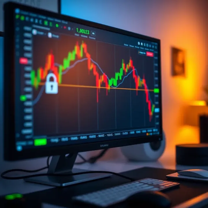 Close-up of computer monitor showing forex broker platform with compliance and security icons