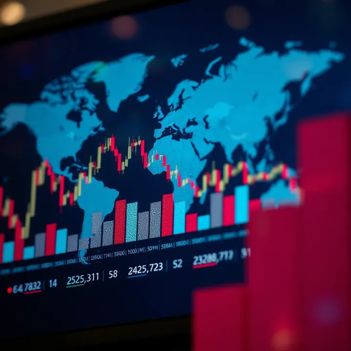 Graph showing fluctuating currency exchange rates with a global map background