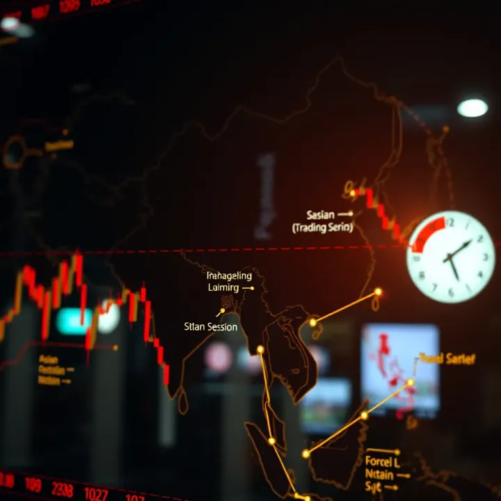 Global forex market with highlighted Asian session trading centers and clock showing trading hours