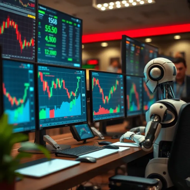 Graphical representation of automated trading bots analyzing stock market data on multiple screens